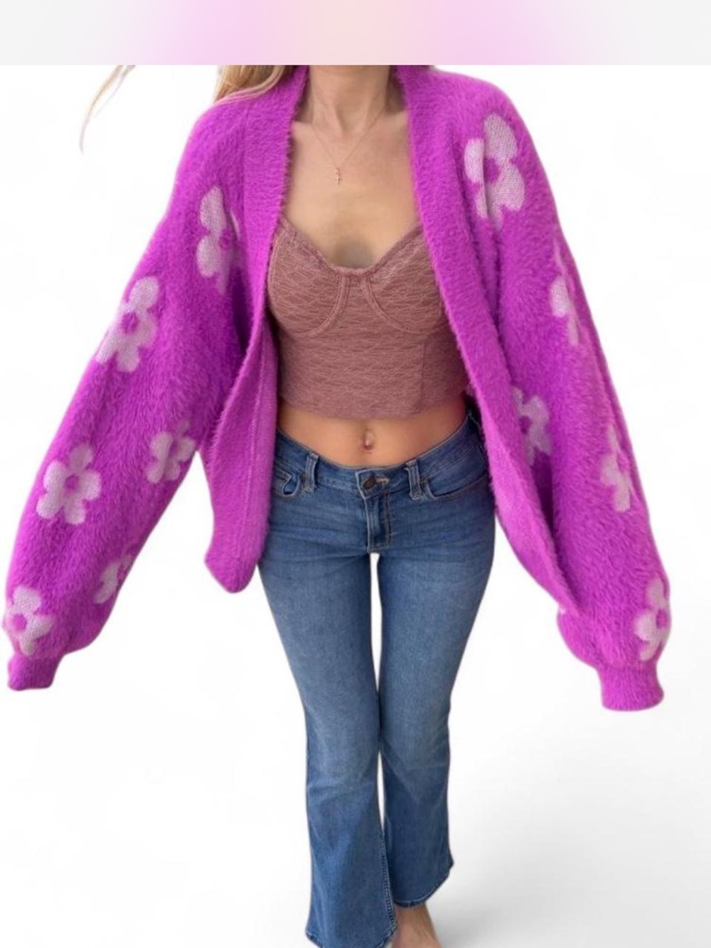 Whimsical Berry pink daisy flower Cozy fuzzy super soft balloon sleeve L ARTSY